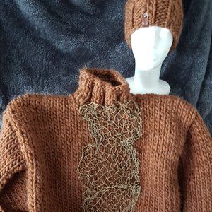 Wool winter set, cinamon cooper, sweater and matching hat, hand knitted